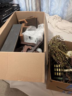 2 boxes full of country items and knick knacks and wall shelves and country curtains