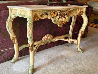 Vintage French Style Marble Top Console Table – Carved & Painted