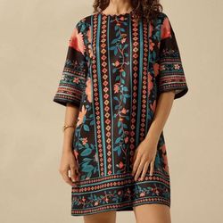 CAJUNI Women's Boho Tropical Floral Print Short Loose Casual Vacation Beach Summer Black Dress