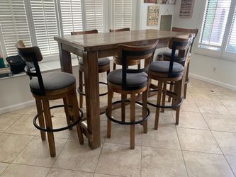 Ashley Brand Rustic SOLID WOOD PUB Table Set WITH (6) Swivel Chairs