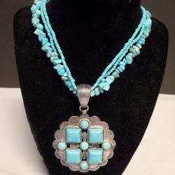 Super-sized faux turquoise medallion with nuggets and beads necklace