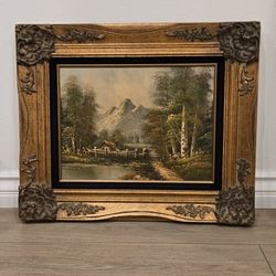Vintage Serene Landscape Hand Painting With Ornate Gold Wood Frame 20x24 inches