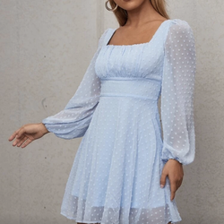 Blue polka dot mini dress with long sleeves