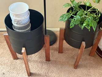 Black Planters with Wooden Stands – $40for Both or $25Each
