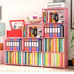9-Cubes Bookshelf, 4 Tier Shelf Adjustable DIY Bookcases for Kid, Book Shelf Organizing Storage Shelving Cabinet for Bedroom Living Room Office (Pink)