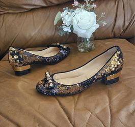 Women's Christian Louboutin Black Gold Sequins Kitten Block Heels Size 6 US (Fits Size 6.5 as well)