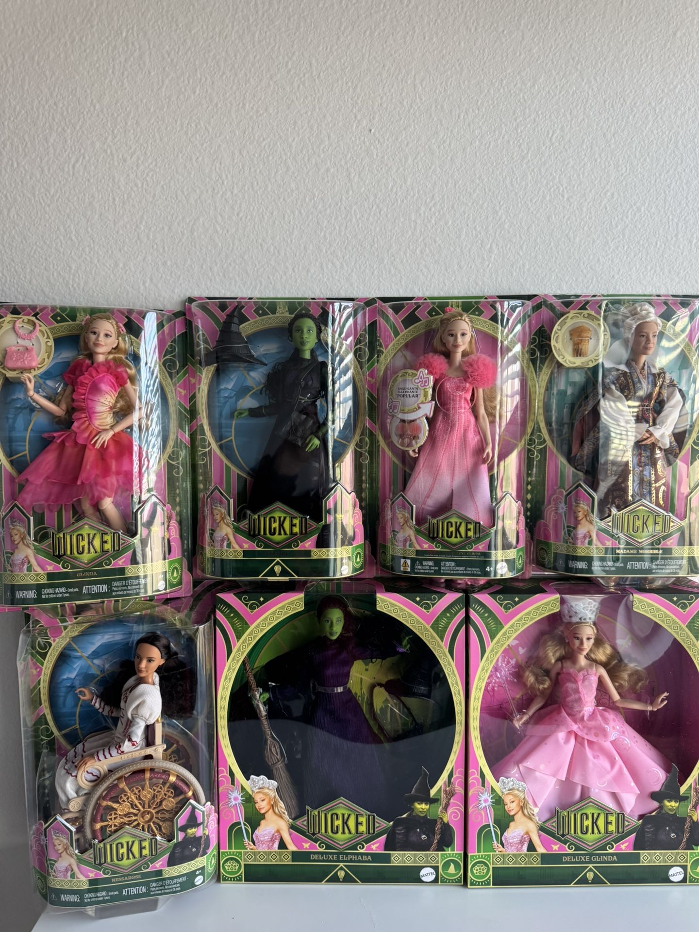 Wicked Mattel Dolls - Collection of 7 - Glinda,Elphaba, Nessa Rose,& Madame Morrible