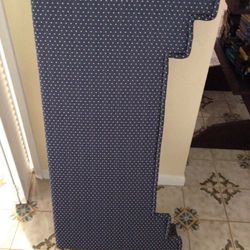 Custom UPHOLSTERED lined Cornice board blue & white polka dots house window valance and camper vans, RV motor homes