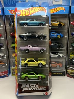 🎬🎥 HOT WHEELS 2025 - 5 Pack Fast & Furious - Dodge Charger Chevy Impala Porsche 911 GT3 Plymouth Barracuda Nissan Sylvia - 1:64 Die-Cast Toy