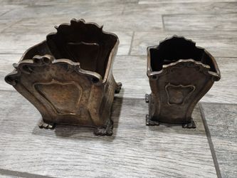 Rare vintage brutalist hand made hammered brass footed planter box pair