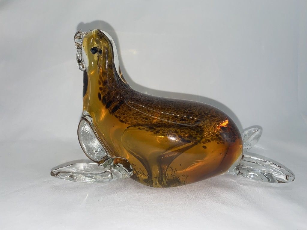 Hand-Blown Amber Art Glass Walrus Sea Lion Figurine/Statue/Paperweight