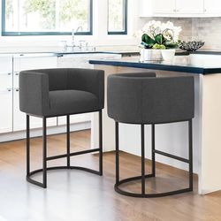 27" H Counter Height Bar Stools Set of 2, Modern Barrel Counter Stools with Backrest and Arms, Black Metal Frames, Linen Fabric Upholstered Accent Bar