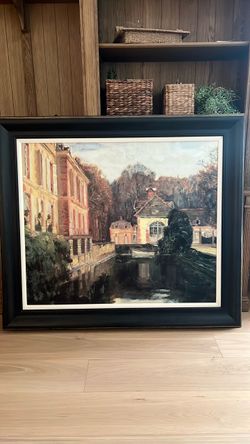 Free!  Large Framed Oil Painting European Canal Scene