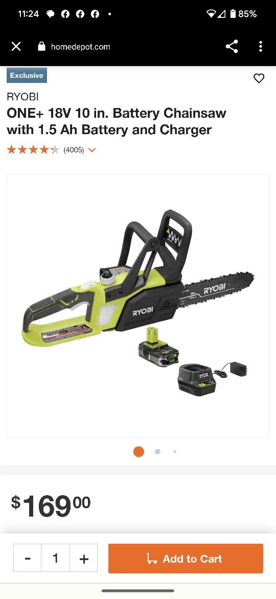 RYOBI
ONE+ 18V 10 in. Battery Chainsaw with 1.5 Ah Battery and Charger