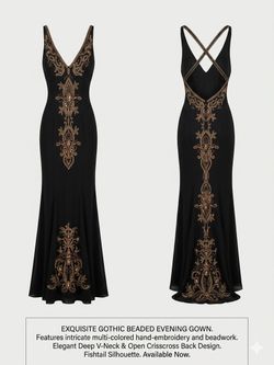 Exquisite Formal Black Evening Gown with Intricate Bronze Beading - Size 8