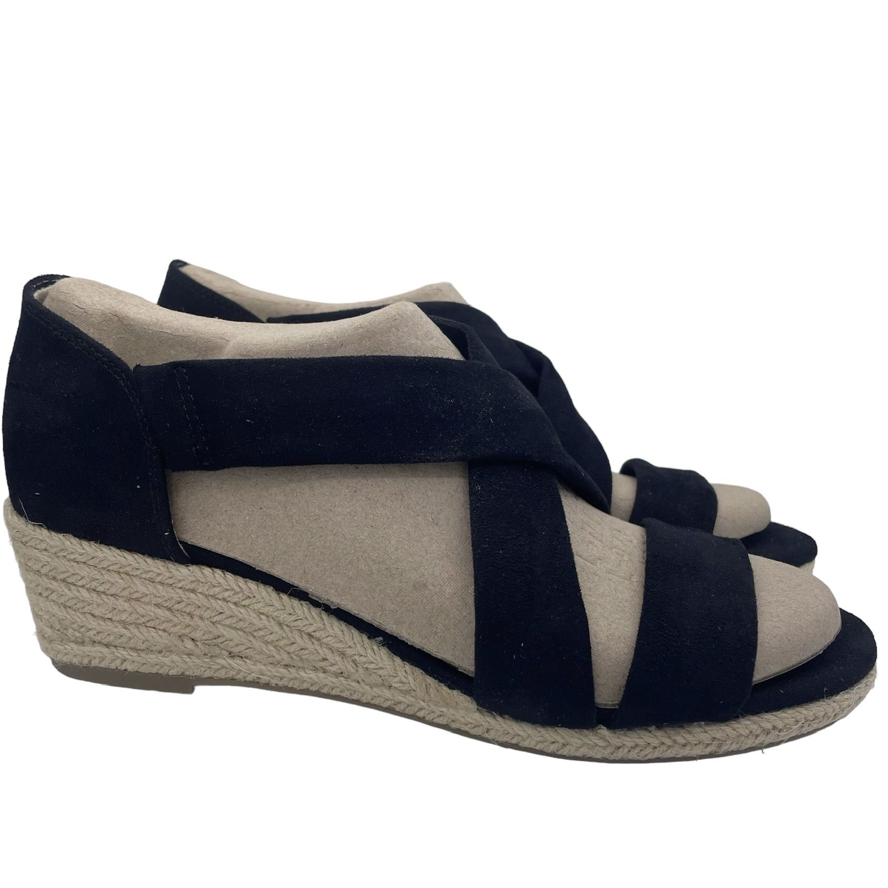 NEW Life Stride suede wedge espadrille black sandals slip ons women Size 8 1/2M