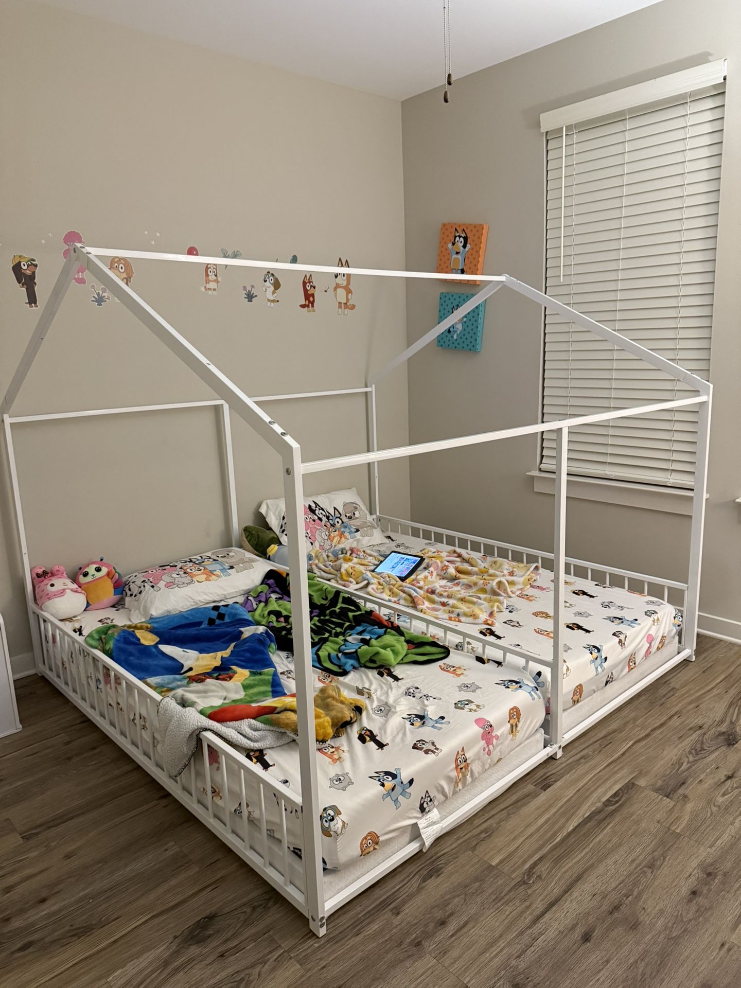 Double Montessori Floor Bed with Fence & Roof for Two Kids