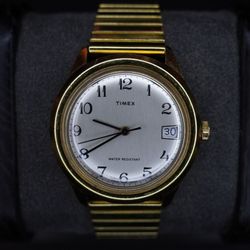 Vintage 1980 Timex Marlin Manual Wind Date Gold Tone Silver Dial Men's Watch