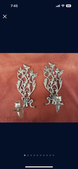 Vintage Hollywood Regency brass wall sconce Pair candle holder leaf and Bow