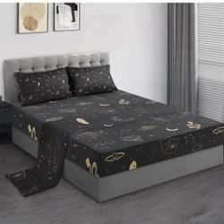 Queen Size Bed Sheet Sets, Boho Tarot Space Soft Microfiber 4 Pcs Bedding Sets for Kids and Adults Bedroom Bed Decor, Black