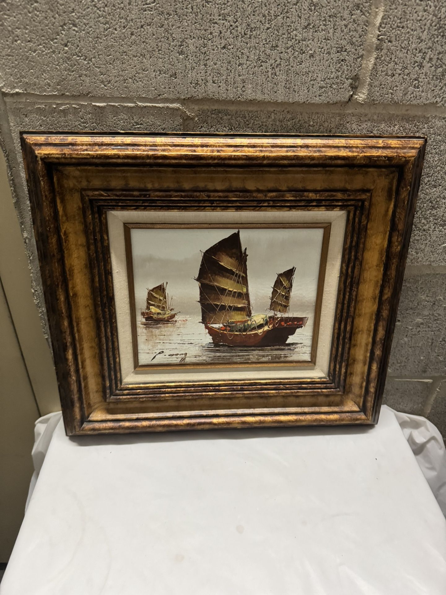 P. Wong Oil On Canvas Junk Fishing Boats In Water Chinese Signed Framed 18"x 16.5