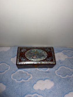 Vintage Chinese  Dark Wood Jewerly Box Inlaid Mother Of Pearl