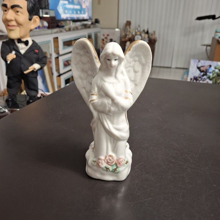 Glazed White Porcelain Angel Accented With Pink Roses & Gold 6.25" Tall