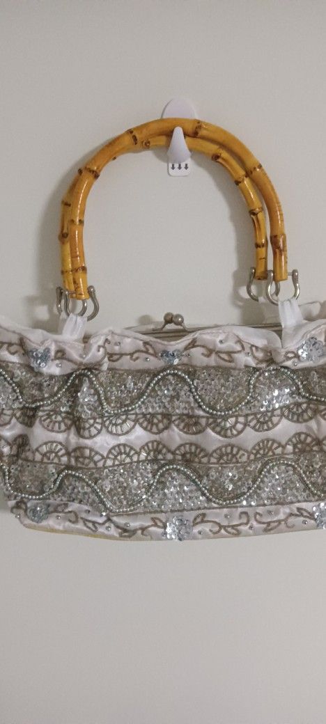 White Satin and Sequin Crystal Beaded Purse