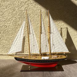 Model Schooner Large Sailboat On Stand Wooden Ship Collectible Antique Boat