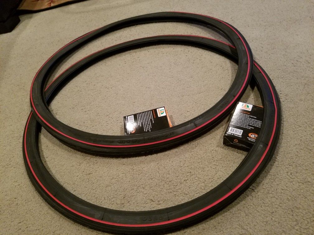 2 NEW DURO 26X1&3/8 (37-590) BICYCLE TIRES DOUBLE RED LINED WITH TUBES