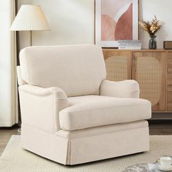 32 in. W Warm Linen Color Fabric 360° Swivel Accent Chair Modern Upholstered Armchair Metal Base Barrel Sofa Chair