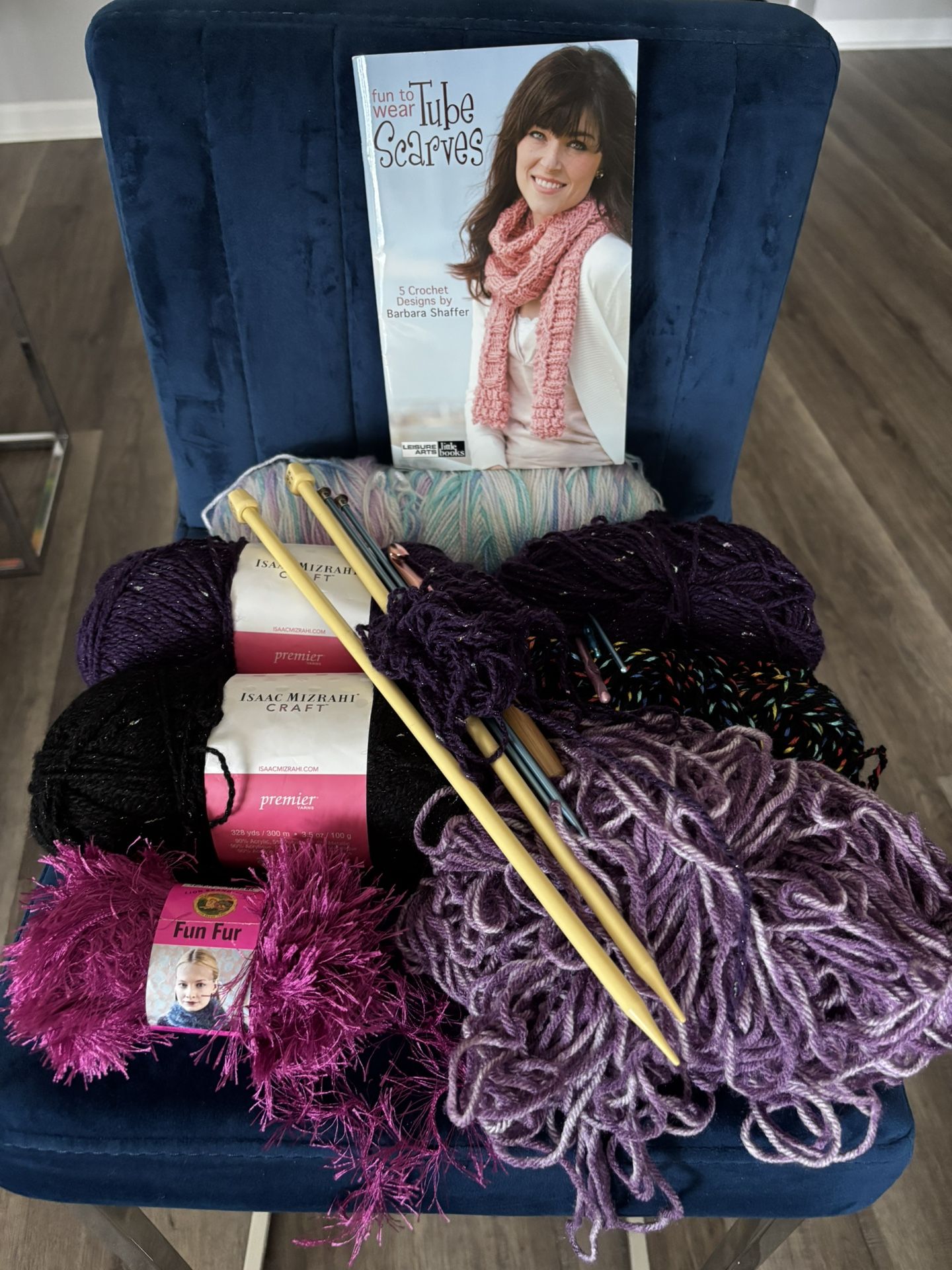 Yarn, 2 Sets Knitting Needles, 3 Crochet Needles, Book