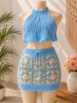 Handmade Crochet Blue Two-Piece Set for Women – Halter Top & Mini Skirt