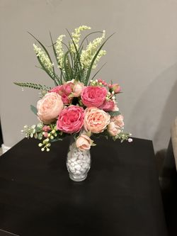 Brand New Silk Peony Artificial Pink Flower Arrangement Including Vase