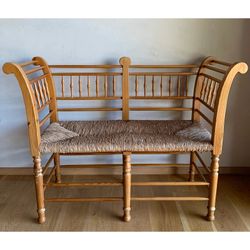 Vintage Primitive Antique Spanish Catalan Rustic Pine Bench Settee Sofa With Handwoven Rush Seat