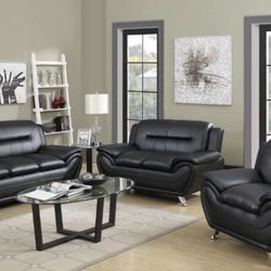 Black Leather Modern Style Three Piece Couch Set 