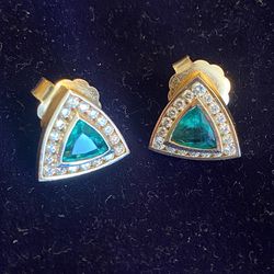 14k Yellow Gold Emerald And Diamond Earring 