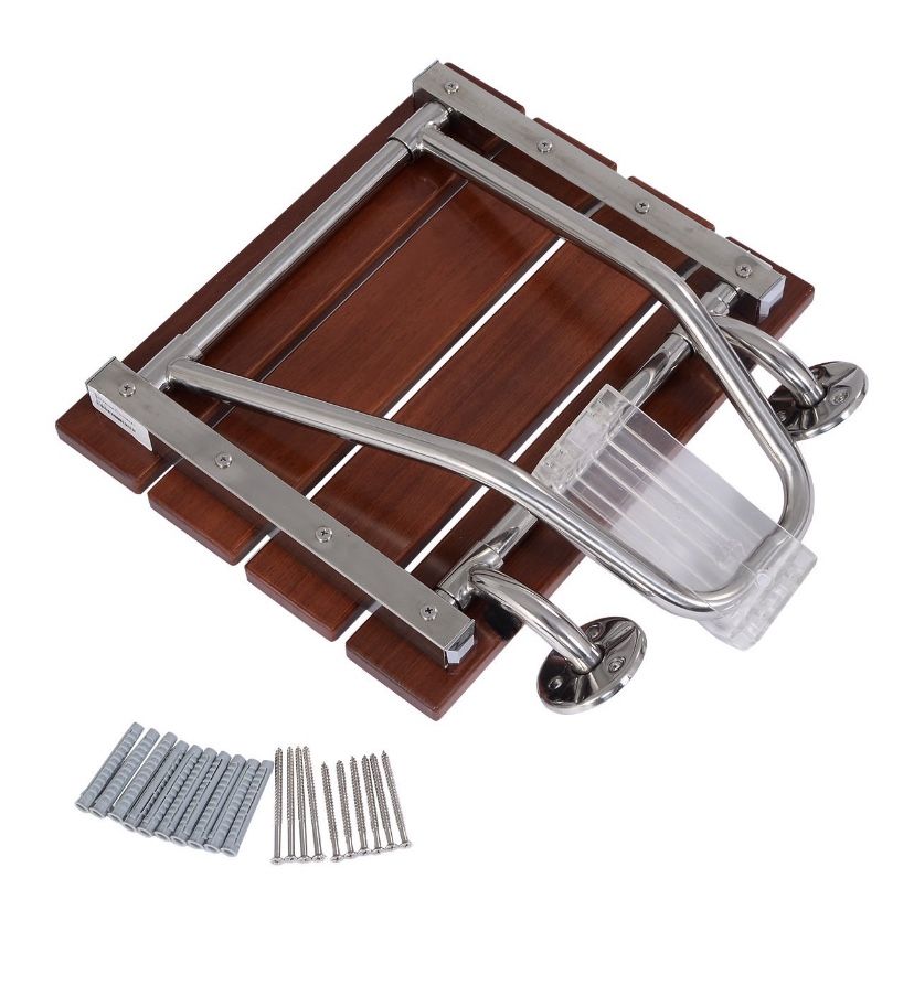 Costway Folding Bath Seat Bench Shower Chair Wall Mount Solid Wood Construction