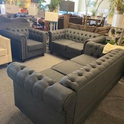 Brand New Dark Grey Linen Tufted Sofa + Loveseat + Chair 3PCs Set