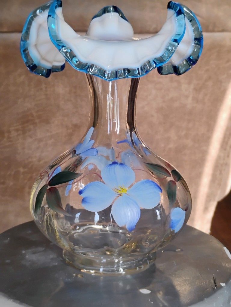 Fenton Hand Painted Blue Floral Vase