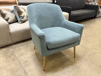 Powder Blue Velvet Upholstered Hollywood Regency Style Dining Chair with Gold-Tone Legs