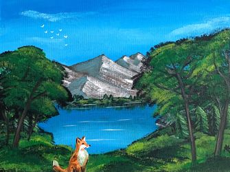 Handmade Landscape painting with a fox (12x9)