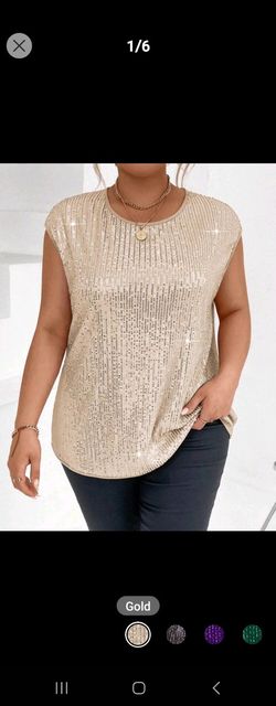 SHEIN Essnce Women's Plus-size Sleeveless Round Neck T-shirt With Sparkle Decoration