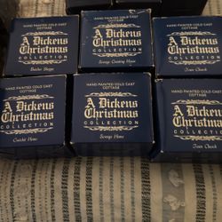 Set A Six A Dickens Christmas Collection Hand Painted Cold Cast Cottage, Butcher shop Scrooge counting house town Church Cratchett house Scrooge, Home