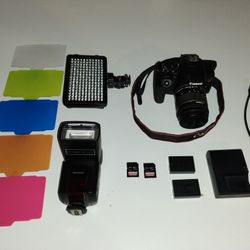 Canon Rebel T8i + 18–55mm Lens + Batteries + SD Cards + Flash + LED Light