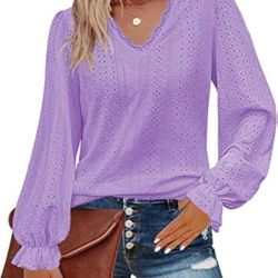 Women Long Sleeve Blouse V Neck Eyelet Tops Loose Casual Dressy Shirts Tunic Top
