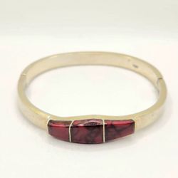 Mexico Sterling Silver Red Jasper Band Bracelet Vintage Christmas Gift, 28.3g