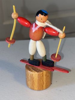 Wood Animated Push-Up Toy Schowanek Skier Made in Italy Vintage