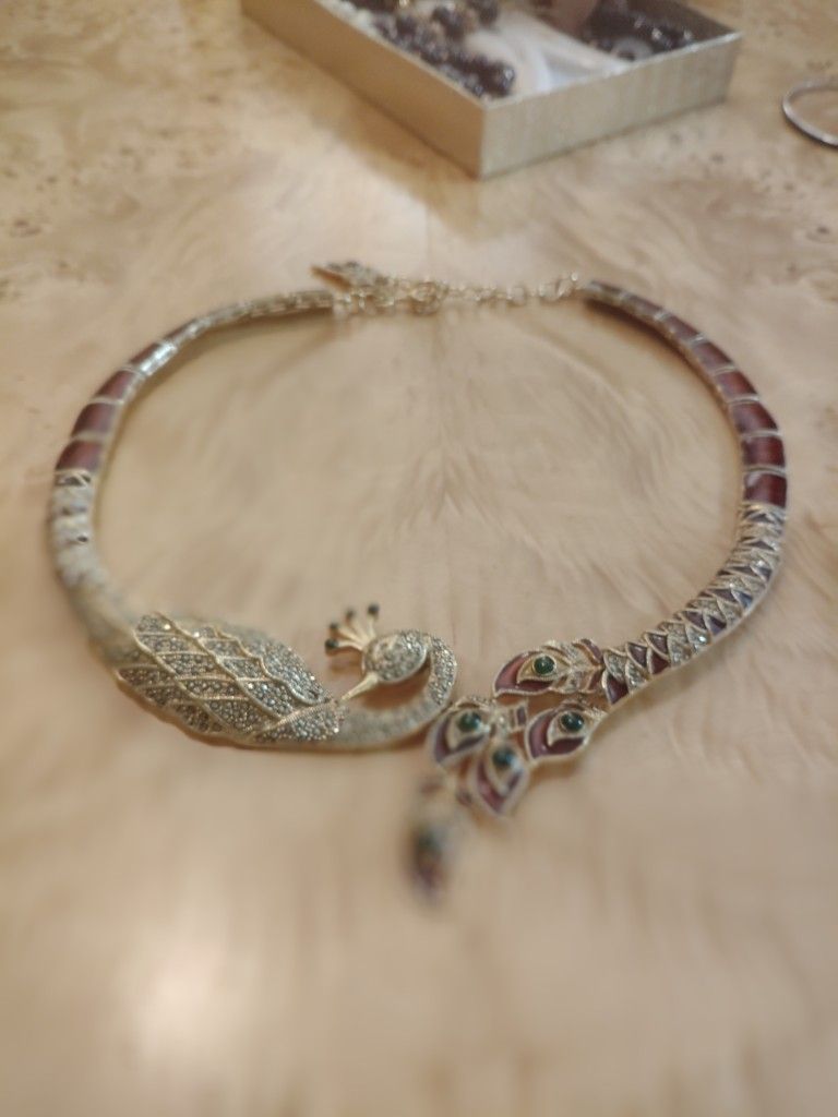 Gold Plated Marquesite Peacock Collar Necklace