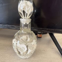 Vintage Joe St. Clair Art Glass Perfume bottle with White Flowers in a Paper Weight Styl